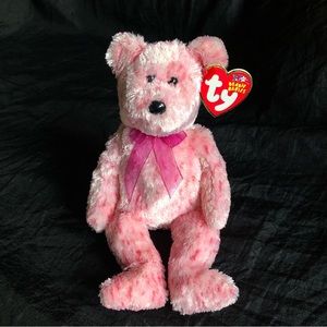 2002 Ty Beanie Baby SMITTEN Pink Speckled Bear with Raspberry & Gold Trim Ribbon